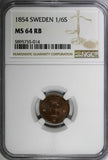 Sweden Oscar I Copper 1854 1/6 Skilling NGC MS64 RB 1 GRADED HIGHEST KM# 656/014