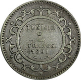 Tunisia Ali III Silver 1309 (1891) 2 Francs Mintage-595,000 KM# 225 (18 928)