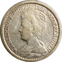 Netherlands Wilhelmina I Silver 1916 25 Cents 19mm KM# 146 (6497)