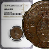 Denmark Frederik VI Copper 1810 IC 2 Skilling NGC MS61 BN 2 YEARS TYPE KM#670(8)