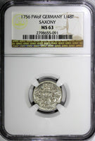 German States SAXONY-ALBERTINE 1756 FWoF 1/48 Thaler NGC MS63 KM# 883 (091)