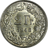 Switzerland Silver 1948 B 2 Francs Helvetia  KM# 21 (17 845)