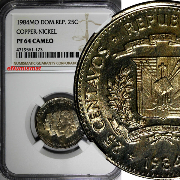 DOMINICAN REPUBLIC PROOF 1984 25 Centavos NGC PF64 CAMEO Mirabal  KM#61.1 (123)