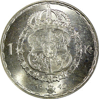 Sweden Gustaf V Silver 1942 G 1 Krona GEM BU  25mm KM# 814 (22 111)