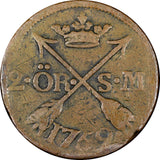 Sweden Adolf Frederick Copper 1759 2 Ore, S.M. Mintage-352,000 KM# 461 (21 343)