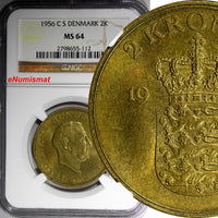 Denmark Frederik IX Aluminum-Bronze 1956 C S 2 Kroner NGC MS64 31mm KM# 838.2(2)