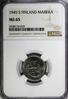 Finland Iron 1945 S 1 Markka WWII Issue NGC MS65 TOP GRADED BY NGC KM# 30b (029)