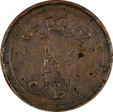FINLAND Nicholas II Copper 1910 10 Penniä Low Mintage-241,000 RARE KM# 14