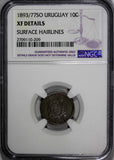 Uruguay Silver 1893/77-So 10 Centesimos OVERDATE NGC XF DETAILS RARE  KM# 14