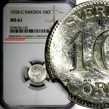 Sweden Gustaf V Silver 1928 G 10 Ore NGC MS61 KM# 780 (135)