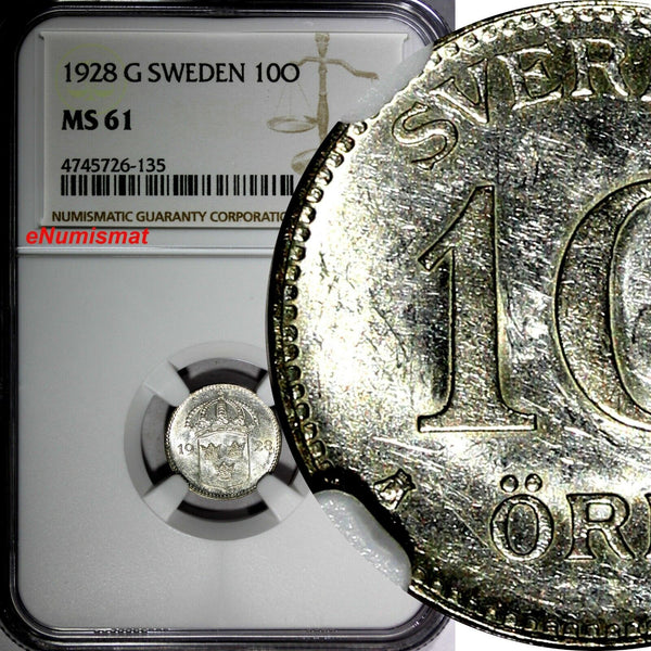 Sweden Gustaf V Silver 1928 G 10 Ore NGC MS61 KM# 780 (135)