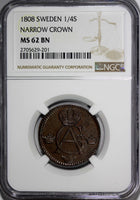 SWEDEN Copper Gustav IV Adolf 1808 1/4 Skilling NGC MS62 TOP GRADED KM# 564 (01)