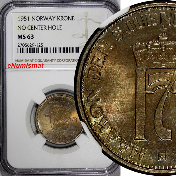 Norway Haakon VII Copper-Nickel 1951 1 Krone NGC MS63 No Center Hole KM#397.1(5)