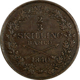 Sweden Carl XIV Johan 1840 2/3 Skilling Banco Mintage- 645,696 aXF KM# 641 (523)