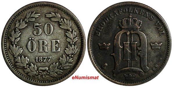 SWEDEN Oscar II Silver 1877 EB 50 Ore Low Mintage-149,000 SCARCE DATE KM#740(0)