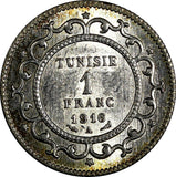 TUNISIA Muhammad al-Nasir Bey Silver AH1335/1916-A 1 Franc UNC Toning KM# 238(6)