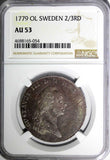 Sweden Gustav III Silver 1779 OL 2/3 Riksdaler NGC AU53 TOP GRADED KM# 526 (054)