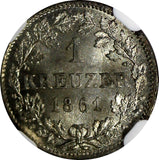 German States BAVARIA Silver 1861 1 Kreuzer NGC MS65 BU Nice Toned KM# 858 (33)