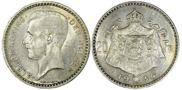 Belgium Albert I Silver 1934 20 Francs Dutch text KM# 104.1 (21 082)