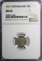 Netherlands Wilhelmina I Silver 1911 10 Cents NGC MS62 RAINBOW TONING KM# 145(6)