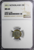 Netherlands Wilhelmina I Silver 1911 10 Cents NGC MS62 RAINBOW TONING KM# 145(6)