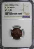 SWEDEN Carl XIV Johan Copper 1832 1/6 Skilling NGC MS65 BN Cherry Toning KM# 634