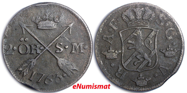 Sweden Adolf Frederick Copper 1763 2 Ore, S.M.Low Mintage-401,000 KM# 461 (4561)