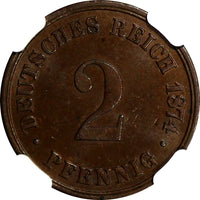 GERMANY-Empire Copper 1874-B  2 Pfennig NGC MS62 BN TOP GRADED BY NGC KM# 2(129)