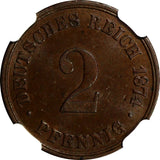 GERMANY-Empire Copper 1874-B  2 Pfennig NGC MS62 BN TOP GRADED BY NGC KM# 2(129)