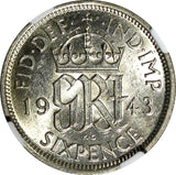 Great Britain George VI Silver 1943 6 Pence NGC AU58 KM# 852 (040)