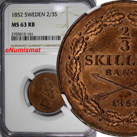 Sweden Oscar I 1852 2/3 Skilling NGC MS63 RB TOP GRADED Mint-297,000 KM# 663(61)