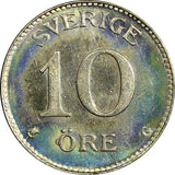 SWEDEN Gustaf V Silver 1942 G 10 Öre  Last Year GEM BU Rainbow Toned KM# 780 (5)
