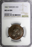 Sweden Carl XV Adolf (1859-1872) Bronze 1867 L.A.5 Öre NGC MS64  KM# 707 (015)