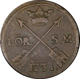 Sweden Frederick I Copper 1731 S.M. 1 ORE Early Date Type KM#416.1  (21 354)