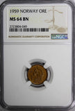 NORWAY Olav V 1959 1 ORE NGC MS64 BN  BETTER DATE TOP GRADED BY NGC KM# 403 (49)