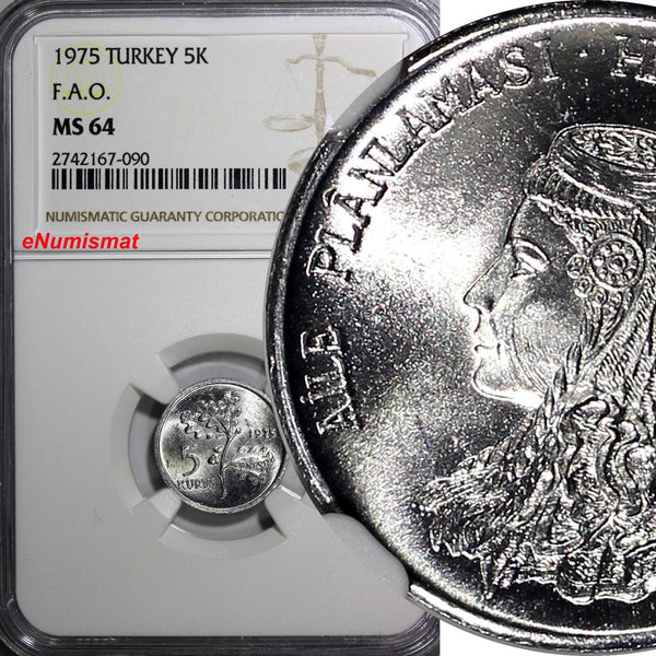 Turkey Aluminum 1975 5 Kurus FAO NGC MS64 TOP GRADED BY NGC KM# 906 (090)