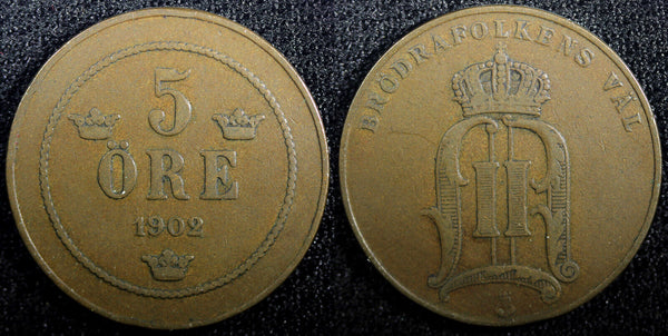SWEDEN Oscar II Bronze 1902 5 Öre 27mm Mintage-441,660 KM# 757 (23 167)