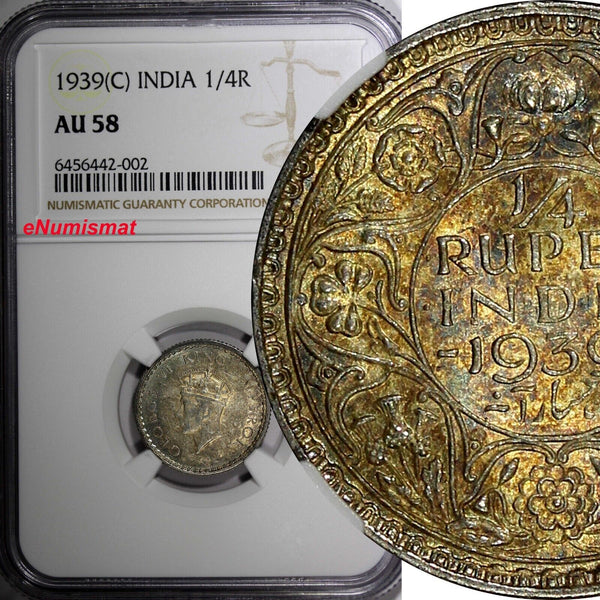 India-British George VI Silver 1939 (C) 1/4 Rupee Calcutta NGC AU58 KM# 544 (02)