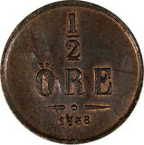 SWEDEN Bronze 1858/7 1/2 Öre OVERDATE LAST YEAR TYPE aUNC Condition KM# 686