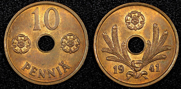 FINLAND Copper 1941 10 Pennia UNC Condition WWII  Issue RED KM# 33.1 (23 993)