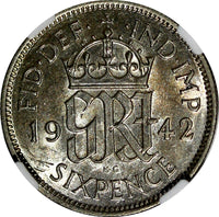 Great Britain George VI Silver 1942 6 Pence NGC AU58 KM# 852 (034)