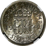 Great Britain George VI Silver 1942 6 Pence NGC AU58 KM# 852 (034)