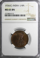 India-British George V Bronze 1936 (C) 1/4 Anna NGC MS65 BN LAST DATE KM#512/013