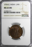 India-British George V Bronze 1936 (C) 1/4 Anna NGC MS65 BN LAST DATE KM#512/013