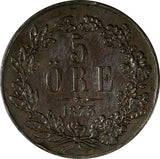 Sweden Oscar II Bronze 1873 L.A. 5 Ore Mintage-783,000 27 mm KM# 730