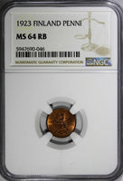 Finland Copper 1923 1 Penni NGC MS64 RB TOP GRADED BY NGC KM# 23 (046)