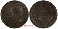 Italy Vittorio Emanuele II Copper 1863 10 Centesimi Paris Mint XF KM# 11.2 (327)