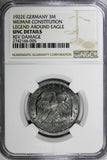 Germany,Weimar 1922 E 3 Mark NGC UNC DETAILS LEGEND AROUND EAGLE KM# 29 (005)