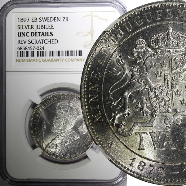 SWEDEN Silver Jubilee Oscar II 1897 EB 2 Kronor NGC UNC DETAILS KM# 762 (24)