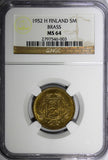 Finland 1952 H 5 Markkaa NGC MS64 TOP GRADED BY NGC !!!  KEY DATE KM# 31a (003)